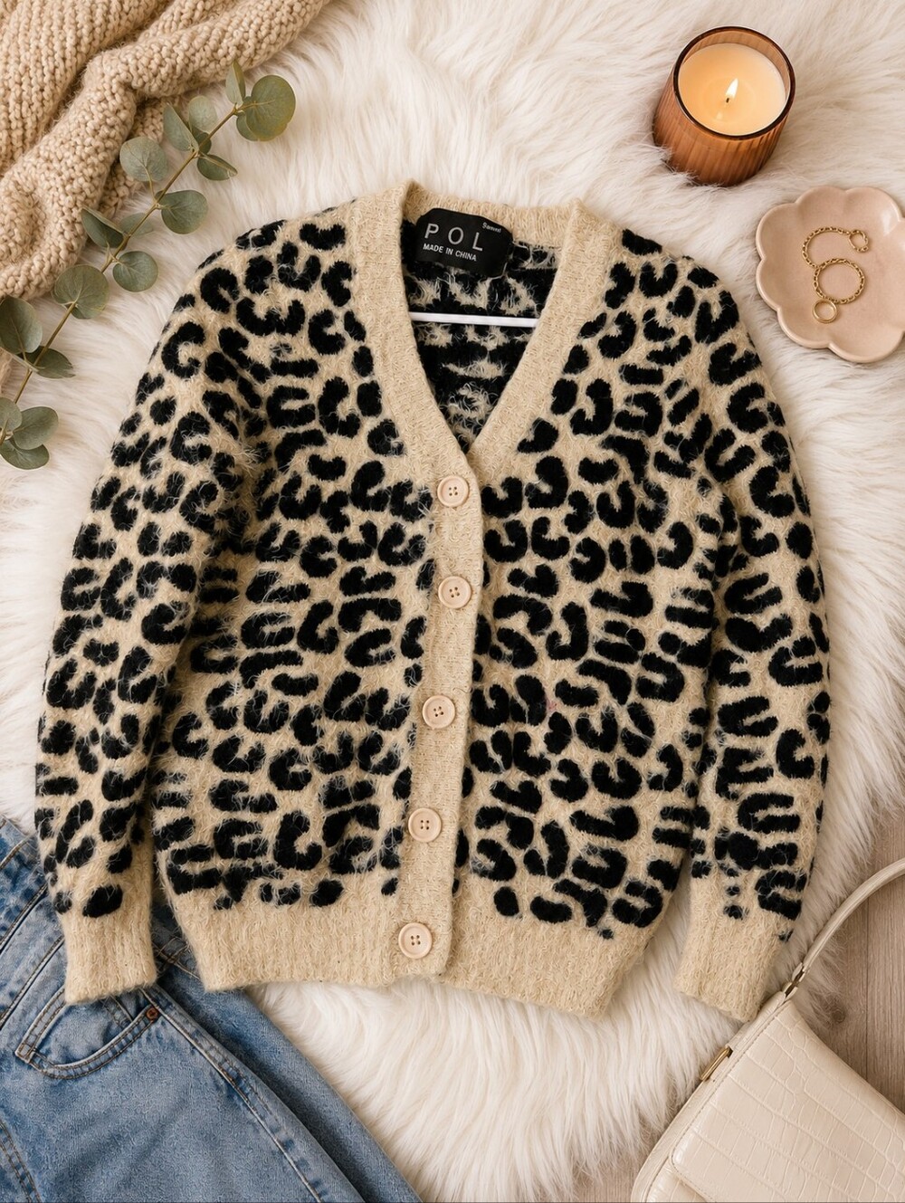 POL Leopard Print Fuzzy Thick Cardigan Sweater Button Front S